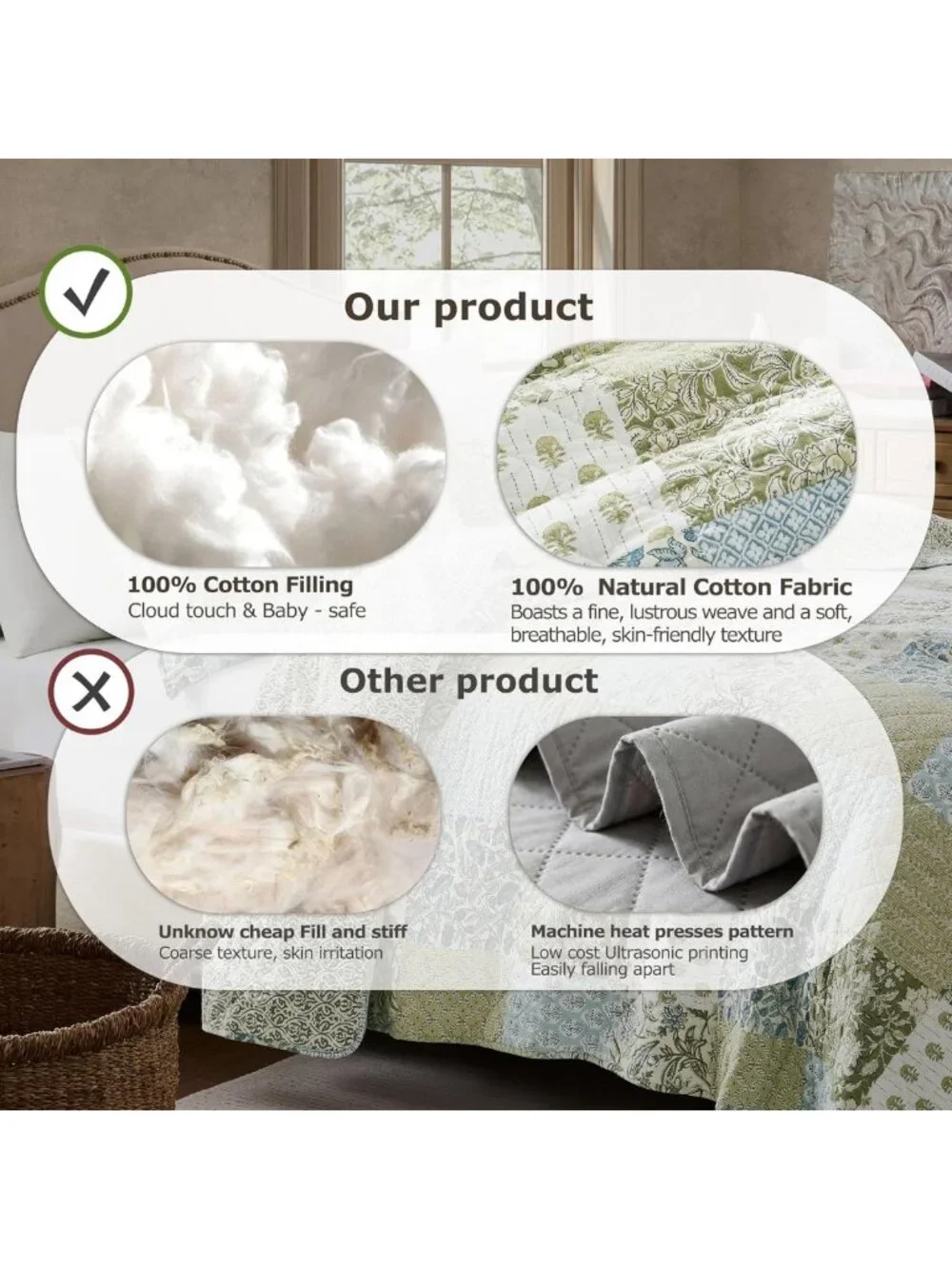 100% Cotton Reversible Patchwork Quilt Set - Queen Size Farmhouse Bedding, Green